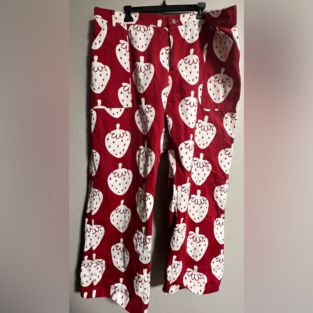 Big Bud Press Work Pants Red Strawberry Print Wide Leg Unisex 4XL EUC Unique